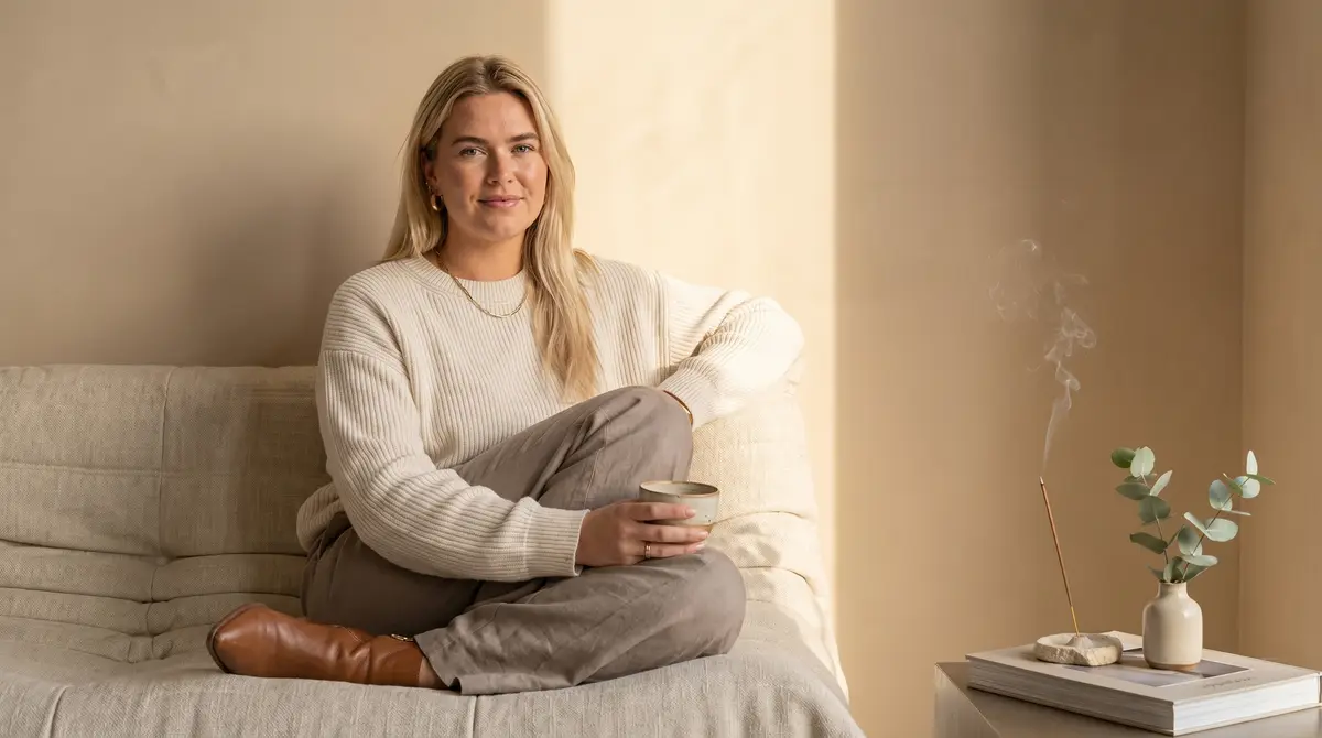Studio Twinkle — Japandi interieur, vrouw met theekom op linnen sofa, eucalyptus en wierook